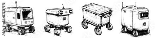 Robotic delivery devices illustrated in a sketchy style showing different designs and features