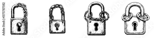 Different types of padlocks showcasing various designs and locking mechanisms in a detailed sketch