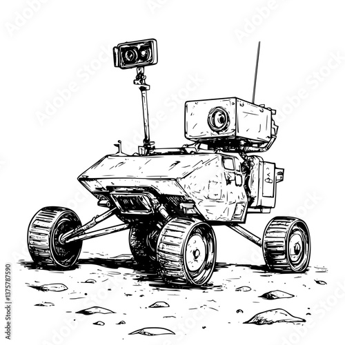 Remote-controlled exploration rover navigates rocky terrain in search of scientific data at an alien landscape