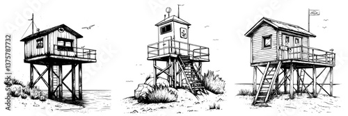 Illustration of three distinct beach shacks on stilts overlooking the ocean at sunset