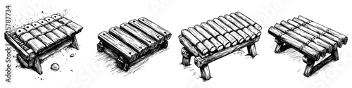 Unique wooden percussion instruments line up showcasing traditional craftsmanship and musical artistry from a festival setting