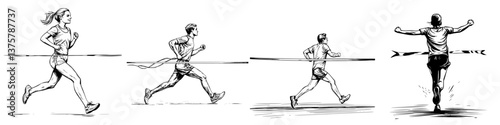 Runners competing in a race and crossing the finish line with determination and athleticism during a sunny day