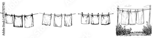 Laundry drying in the sun on a clothesline surrounded by greenery in a rural setting