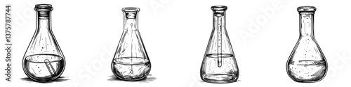 Various laboratory glassware including flasks and beakers arranged on a table with liquid at different levels