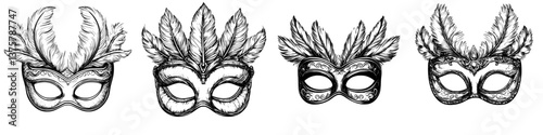 Colorful masks with feathers showcase artistry and tradition for a festive event during carnival season in a vibrant atmosphere