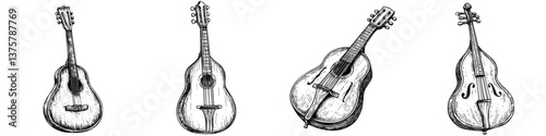 Artistic illustration of four unique string instruments displayed in a row on a white background