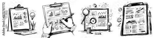 Creative process of designing financial reports using charts and graphs in a bright workspace