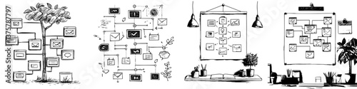 Flowcharts depicting processes and tasks in an office environment with plants and decorative elements during daytime