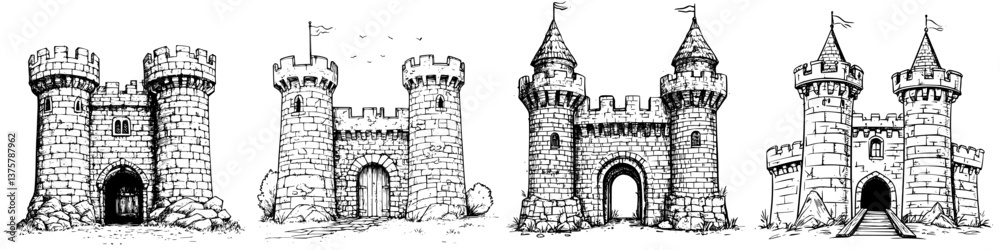 Obraz premium Various medieval castle designs depicting towers, walls, and gates from an ancient era showcasing architectural diversity
