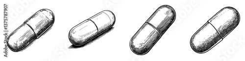 Collection of four detailed illustrations of capsules showcasing different shapes and textures in a clinical context