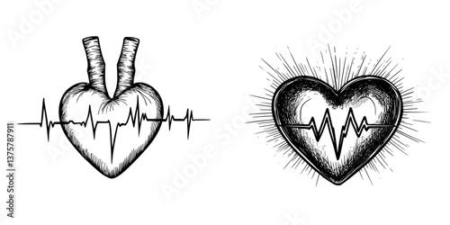 Heart illustrations showing heartbeat lines with contrasting styles and designs representing health and vitality in a creative way