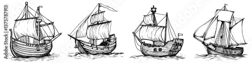 Historic sailing vessels traverse calm waters showcasing maritime craftsmanship and exploration heritage