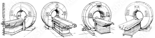 Illustration of various designs of medical imaging machines in a healthcare setting