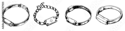 Unique collection of medical alert bracelets displayed in a creative arrangement on a neutral background