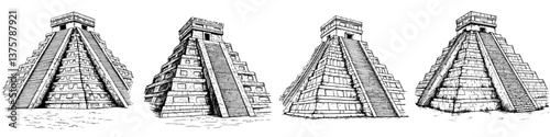 Intricate sketches of ancient pyramid structures representing Mayan civilization in a historical context