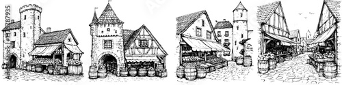 Sketch of a medieval market scene showcasing vendors, cobblestone streets, and an old castle under a clear sky
