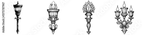 Decorative torch and sconce designs featuring intricate details and artistic elements in a classic style