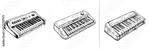 Unique collection of vintage melodicas displayed side by side in black and white sketch