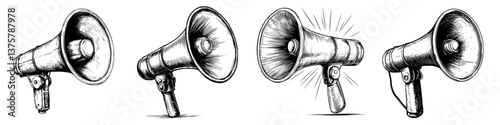 Illustrations of megaphones showcasing different designs and sound effects for communication concepts