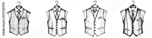 Various styles of tailored vests hanging on hangers displayed in a fashion showroom