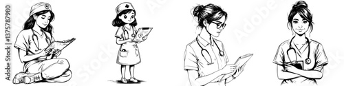Illustrations of healthcare professionals in various settings showcasing their dedication and compassion towards patient care
