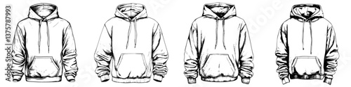 Illustrations of four distinct hoodie designs showcasing various styles, perfect for casual wear and comfortable layering