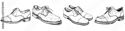 Classic men's dress shoes showcasing various styles and designs in detailed line art illustration