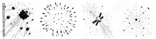 Exploration of outer space featuring satellites and cosmic debris in a dynamic arrangement
