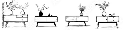 Stylish furniture designs featuring modern cabinets with decorative plants and vases on display in a minimalist style