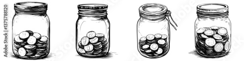 Various jars filled with coins showcasing the passage of time and savings trends over different periods
