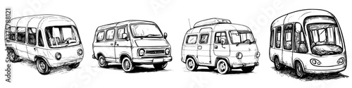 Various vintage camper vans parked side by side in a black and white drawing showcasing retro automotive design and unique features