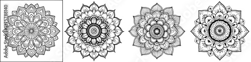 Detailed black and white mandala designs featuring intricate floral patterns suitable for relaxation and meditation activities