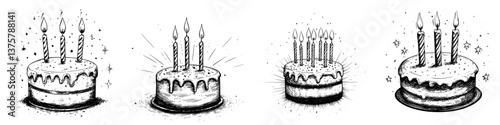 Various artistic representations of birthday cakes with candles and decorative elements for celebration themes