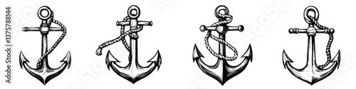 Vintage maritime anchors with decorative ropes illustrated in black and white