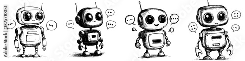 Digital cartoon robots engaging in conversation with expressive features in a playful design