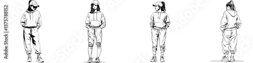 Sporty young woman in casual outfit standing confidently in various poses outdoors during daytime