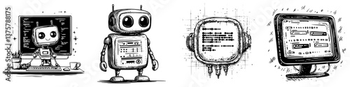 Creative illustrations of robots engaged in various tech activities showcasing their playful and functional designs