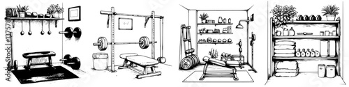 Fitness room design featuring equipment and storage areas for workout enthusiasts in a home setting
