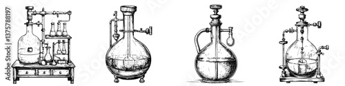 Vintage laboratory equipment showcasing various glass flasks and apparatus used in scientific experiments and research