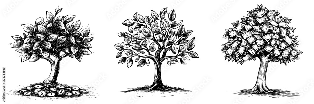 Obraz premium Growth of prosperity illustrated through three trees with monetary leaves in a creative black and white drawing