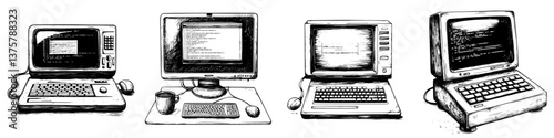 Evolution of computers showcasing different models and interfaces from vintage to modern styles in a seamless line-up