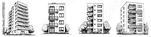 Detailed architectural sketches of residential buildings showcasing modern designs and varied styles in a city setting