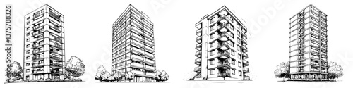 Illustrations of modern residential buildings showcasing diverse architectural styles and designs