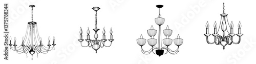 Different styles of elegant chandeliers displayed in a line for interior design inspiration