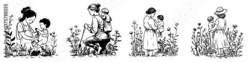 Mothers and children enjoying a day in the garden surrounded by blooming flowers and plants