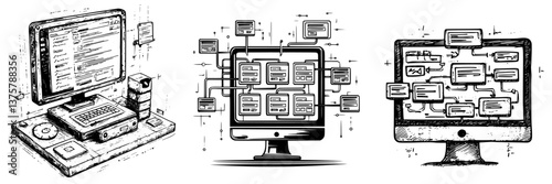 Illustration of vintage computers showcasing different computing concepts and data flow in a retro style