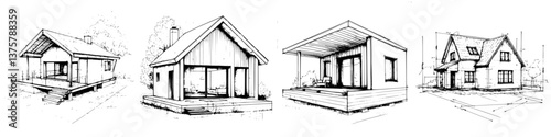 Design sketches of wooden houses showcasing various architectural styles in a serene setting