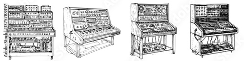 Collection of vintage synthesizers displayed in a music studio during daytime