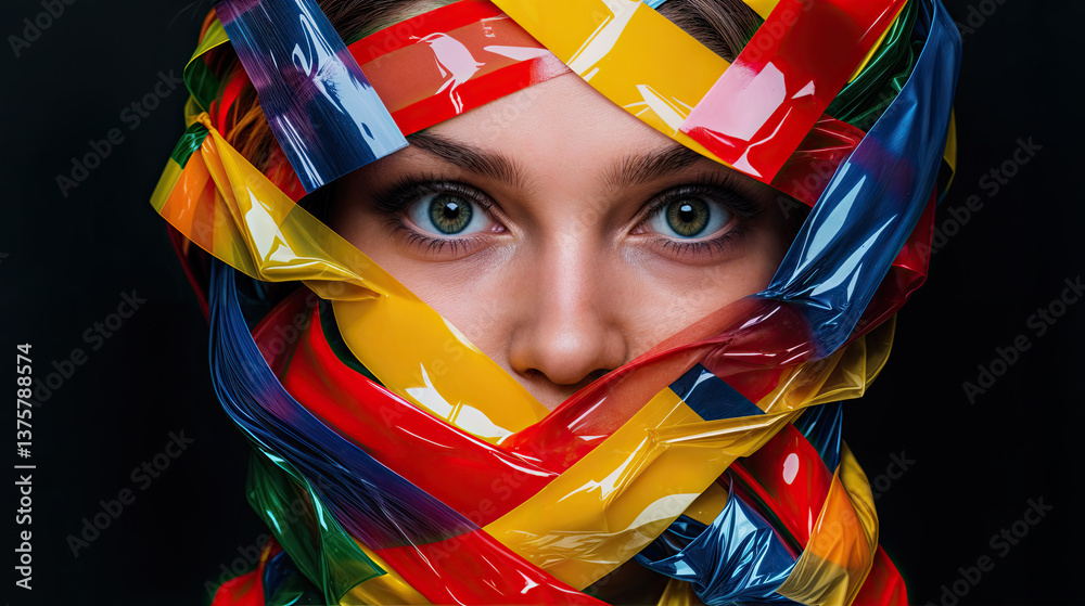 Close-up portrait of a woman with a colorful, textured head covering.