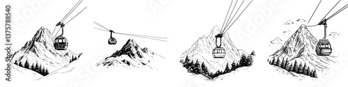Mountain gondola cable cars traveling over snowy peaks and forests during winter season